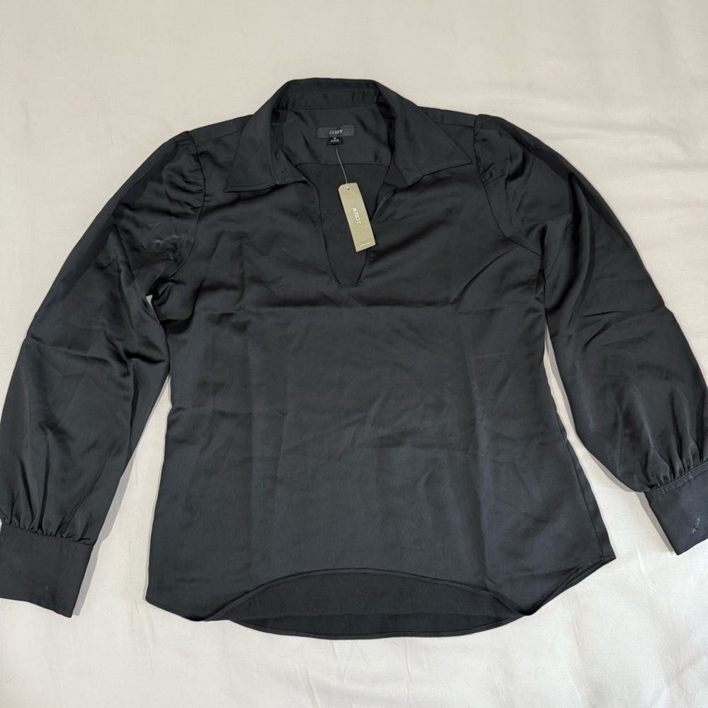 J Crew Women’s Collared Satin-back Crepe Popover Top in Black - S